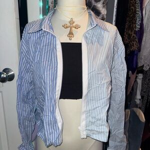 Blue & white striped light weight linen style zip up jacket